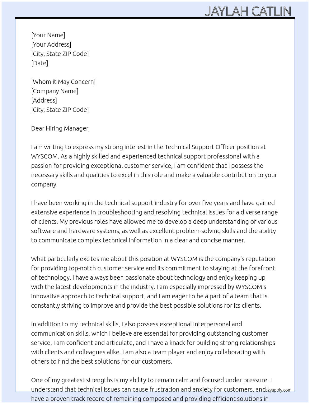 Technical Support Officer At WYSCOM Cover Letter