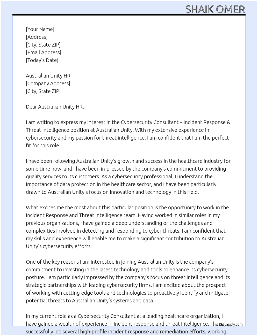 Cybersecurity Consultant - Incident Response & Threat Intelligence At Australian Unity Cover Letter