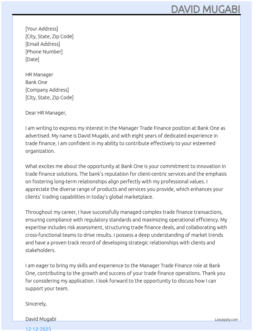 manager Trade finance At Bank One Cover Letter