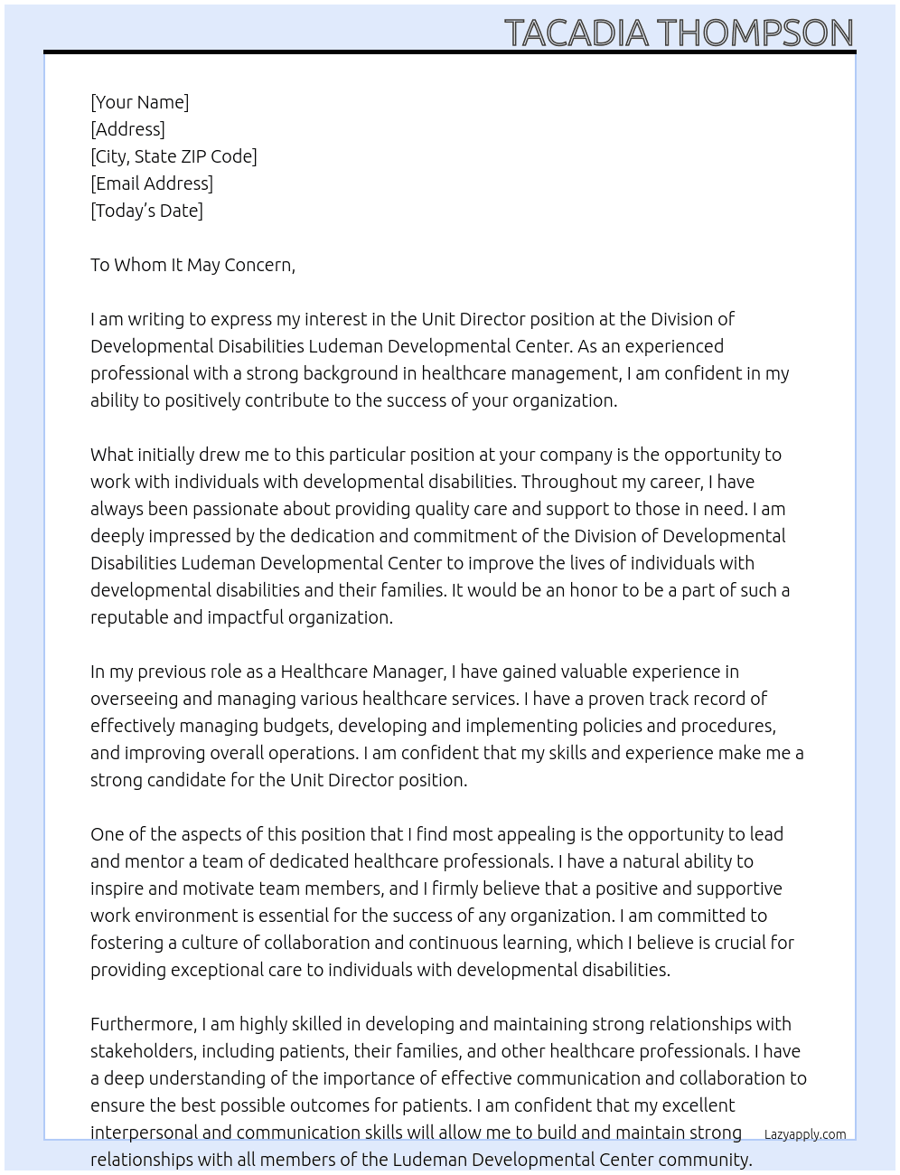 Unit Director At Division of Developmental Disabilities Ludeman Developmental Center Cover Letter