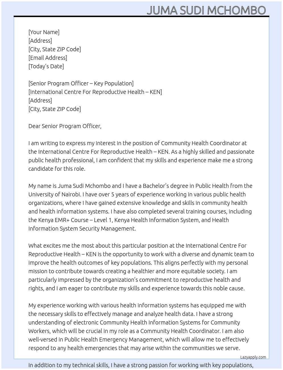 Community Health Coordinator  At International Centre For Reproductive Health - KEN Cover Letter