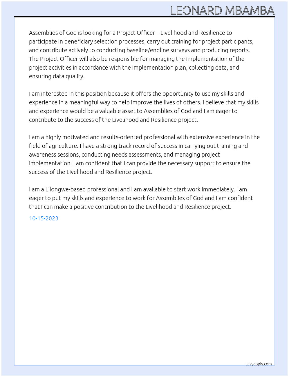 PROJECT OFFICER – Livelihood and Resilience At Assemblies of God Cover Letter