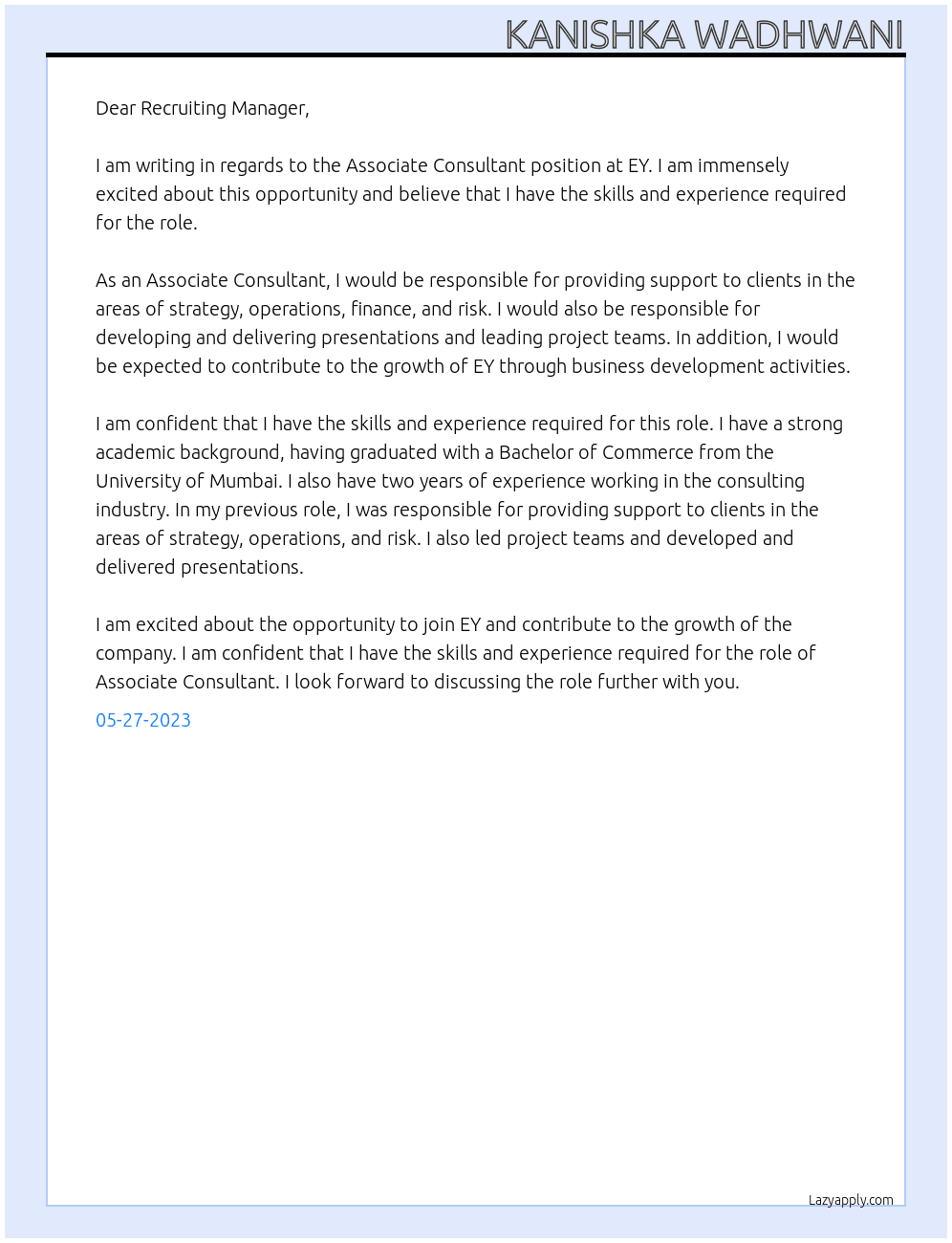 Associate Consultant At EY Cover Letter