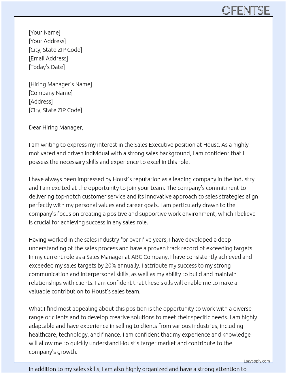 Sales executive At Houst Cover Letter