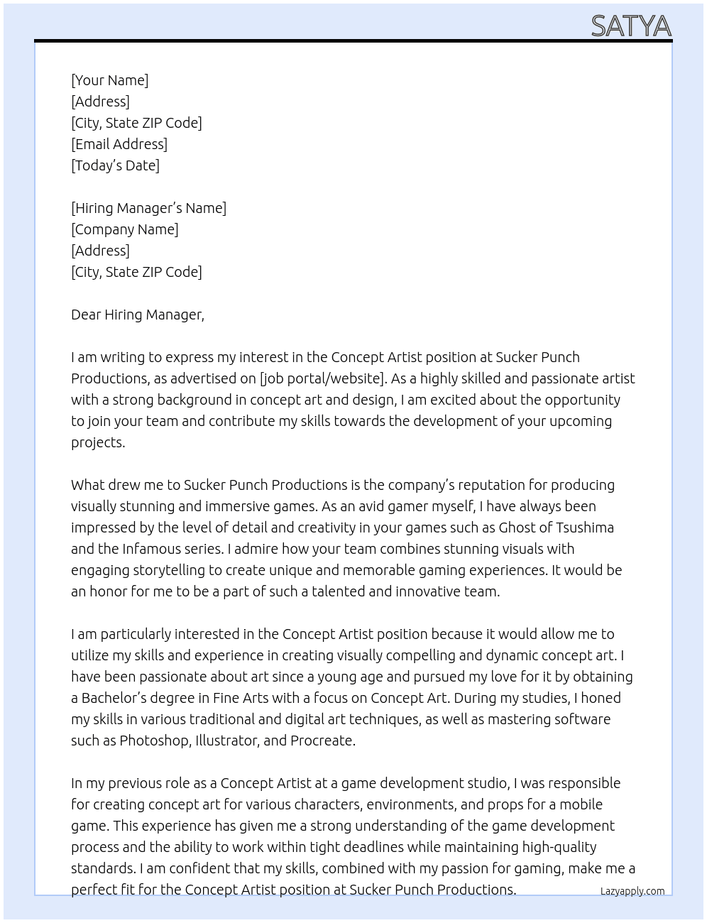 Concept artist At Sucker Punch Productions Cover Letter