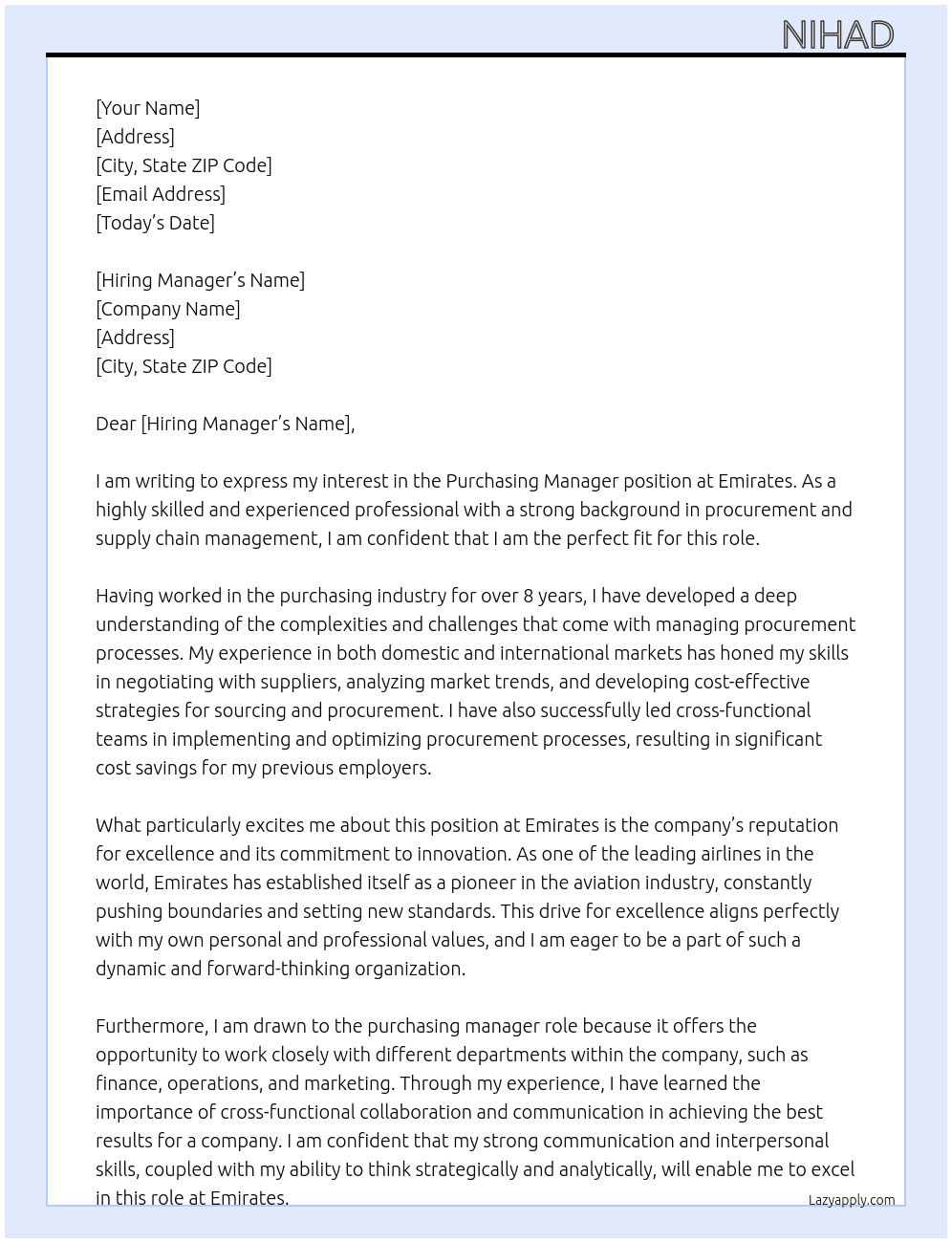 Purchasing manager  At Emirates  Cover Letter