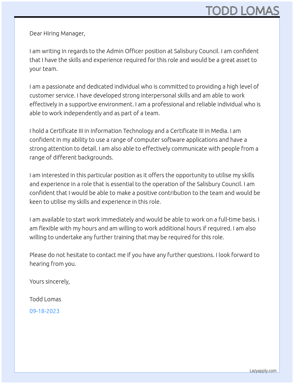 Admin officer At Salisbury council Cover Letter