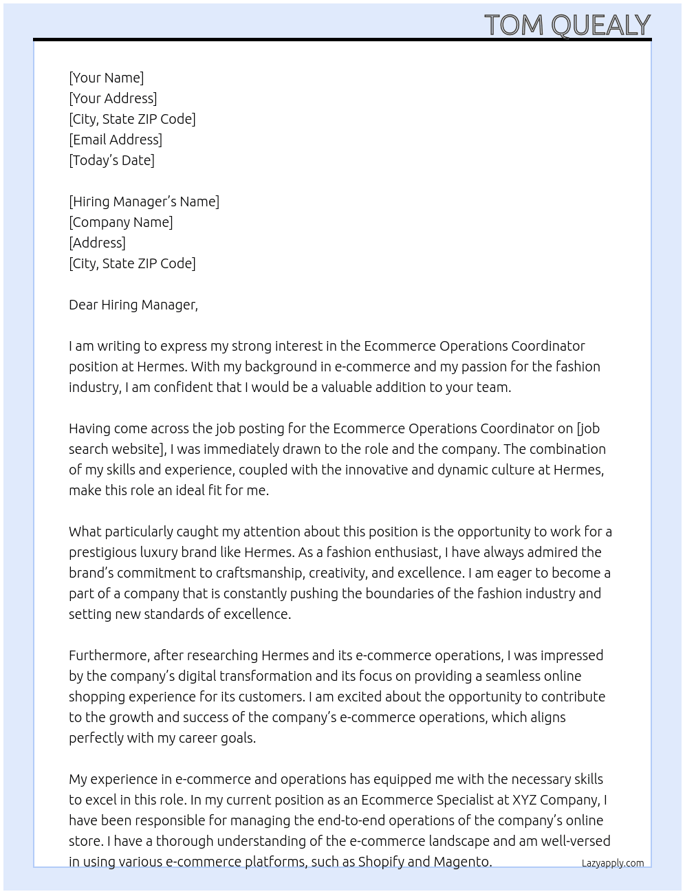 Ecommerce Operations Coordinator At Hermes Cover Letter