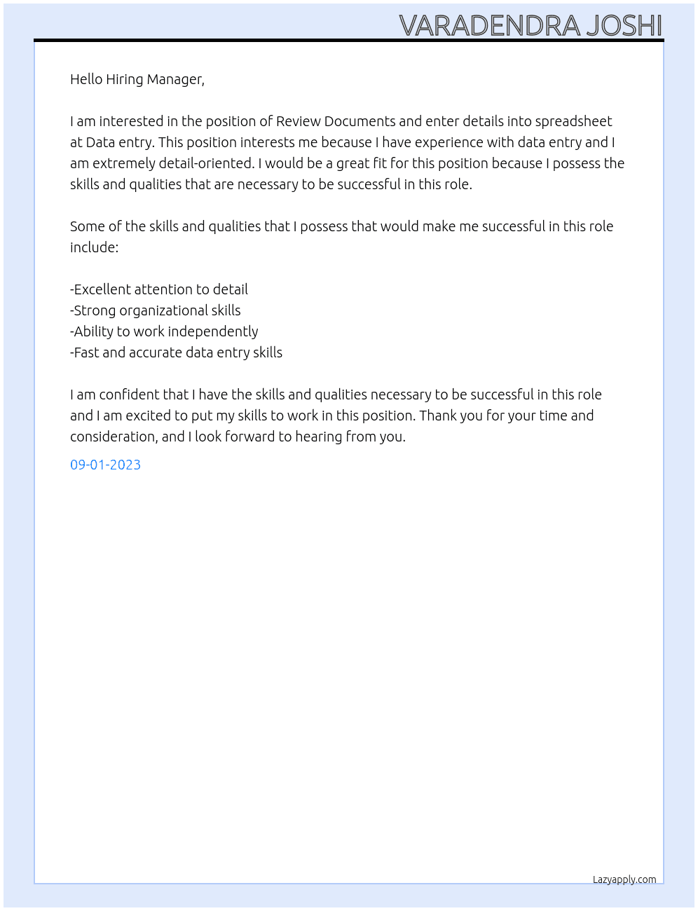 Review Documents and enter details into spreadsheet At Data entry  Cover Letter