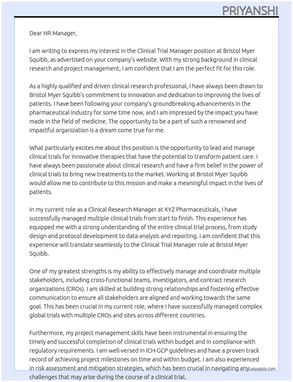 Clinical trial manager At Bristol Myer Squibb Cover Letter
