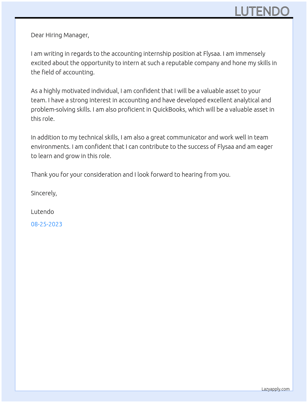 Accounting internship  At Flysaa Cover Letter