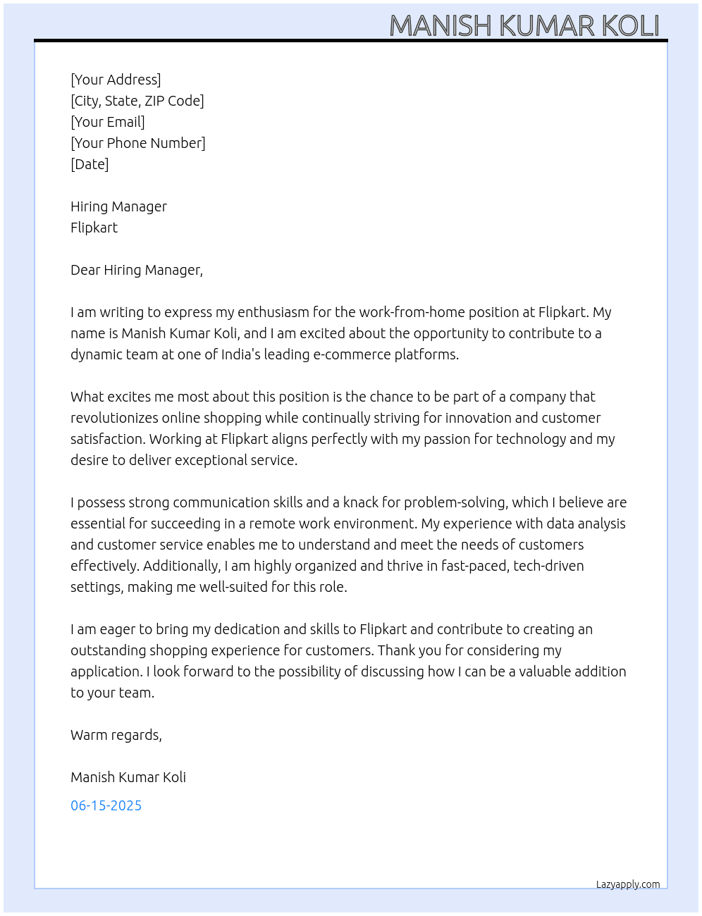 Flipkart work from home job  At Flipkart  Cover Letter