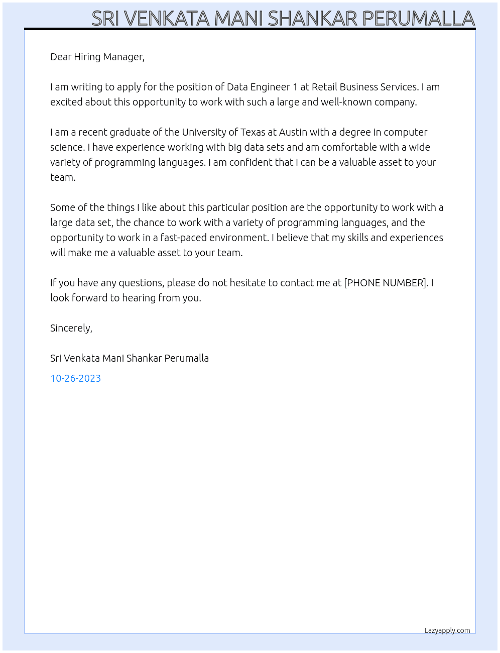 Data Engineer 1 At Retail Business Services Cover Letter