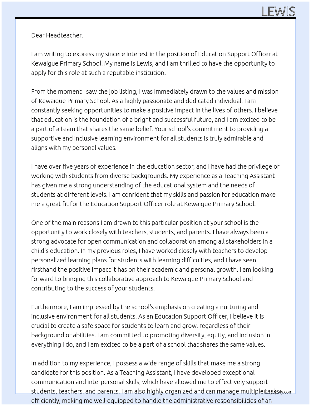Education Support Officer At Kewaigue Primary School Cover Letter