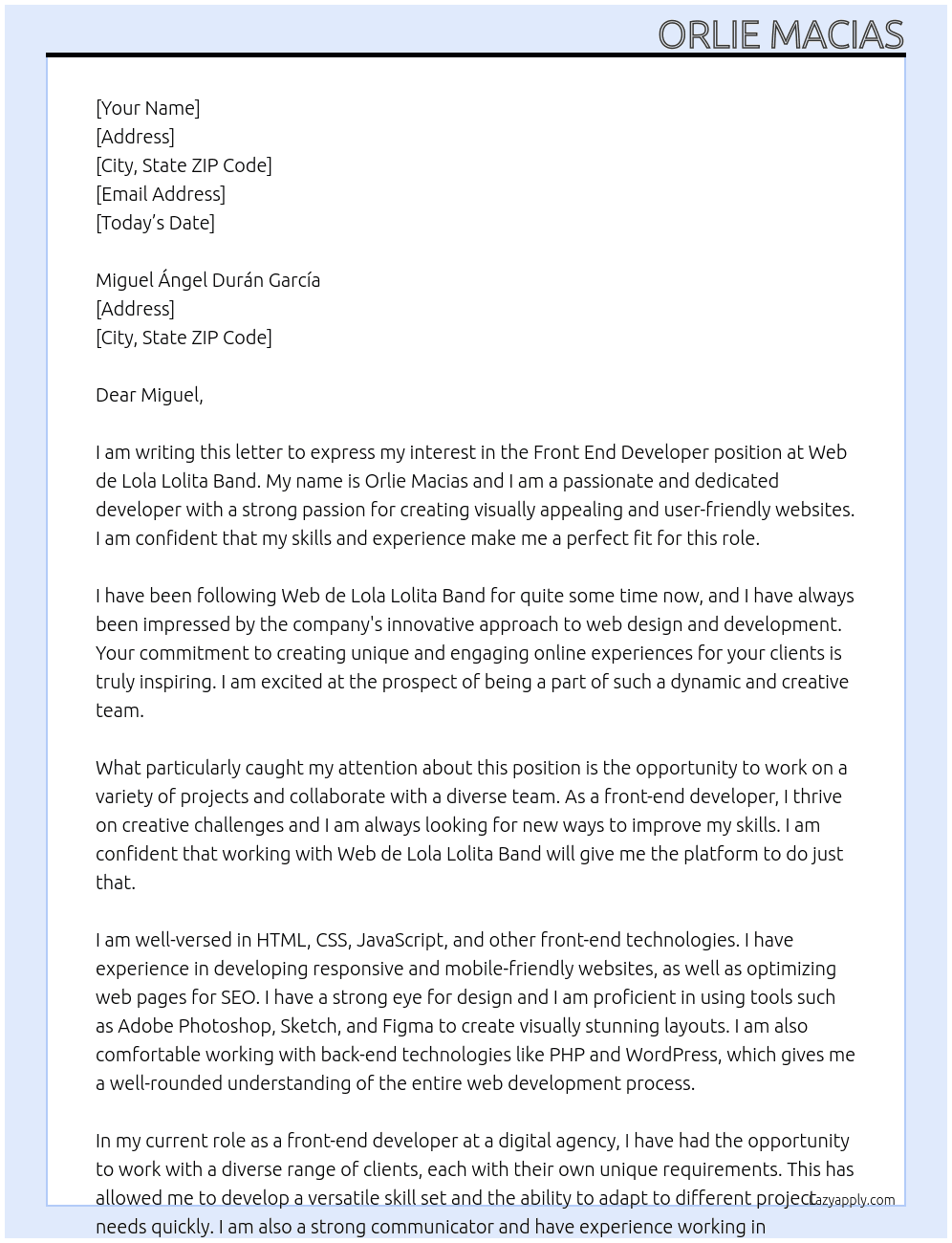 Front end developer At Web de Lola Lolita Band Cover Letter