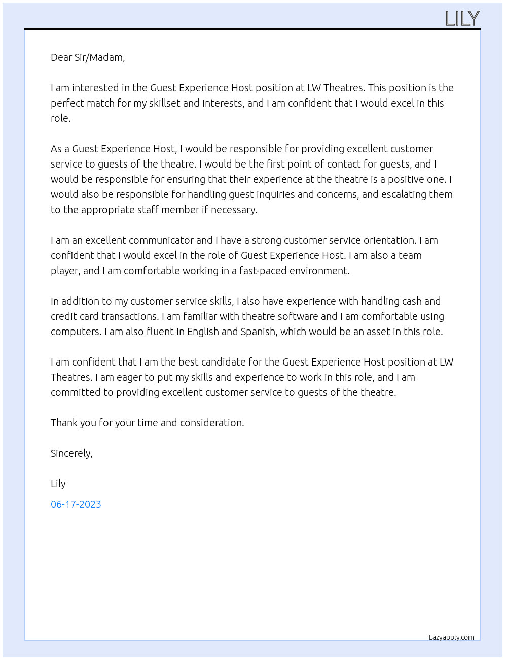 guest experience host At lw theatres Cover Letter