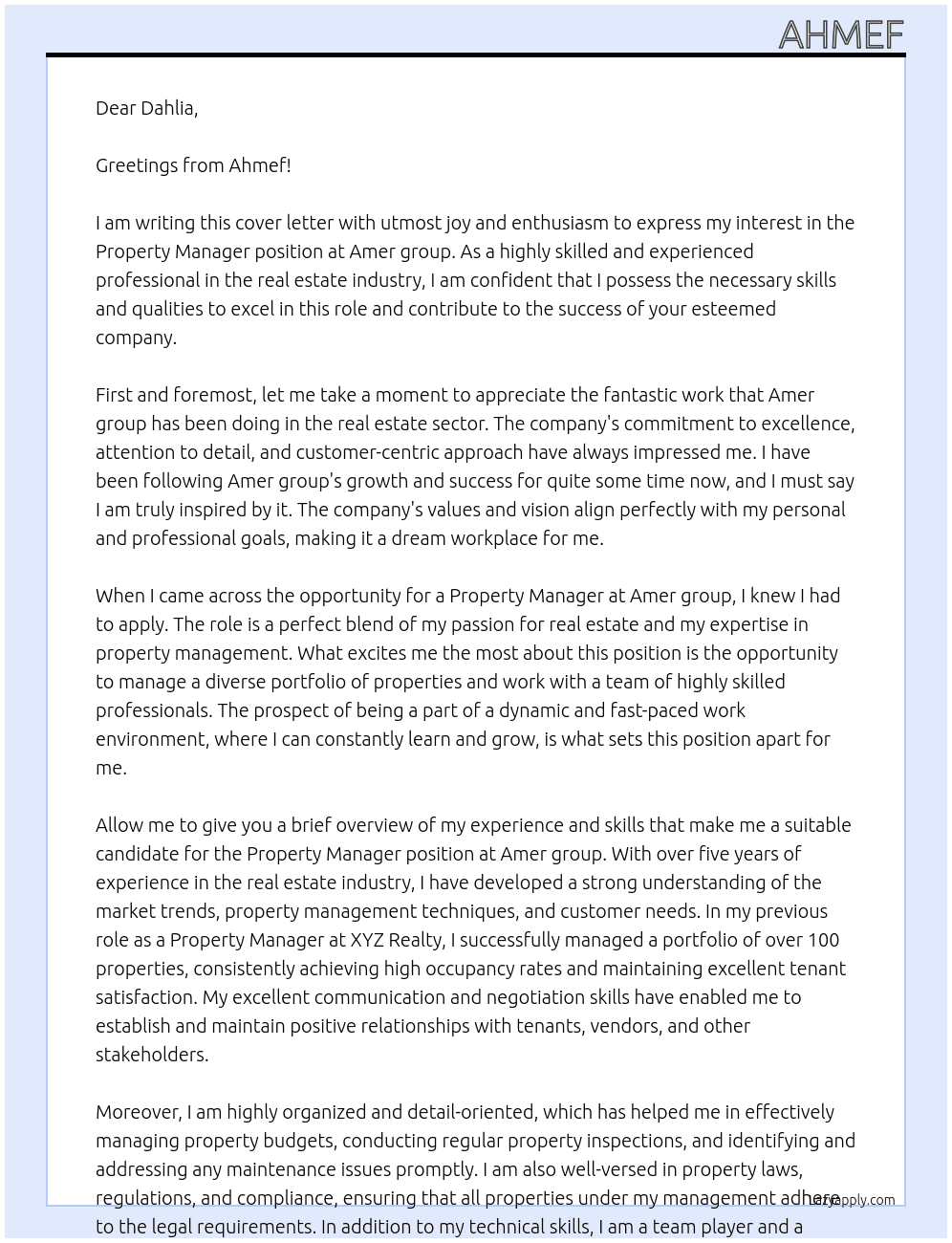 Property Manager At Amer group Cover Letter