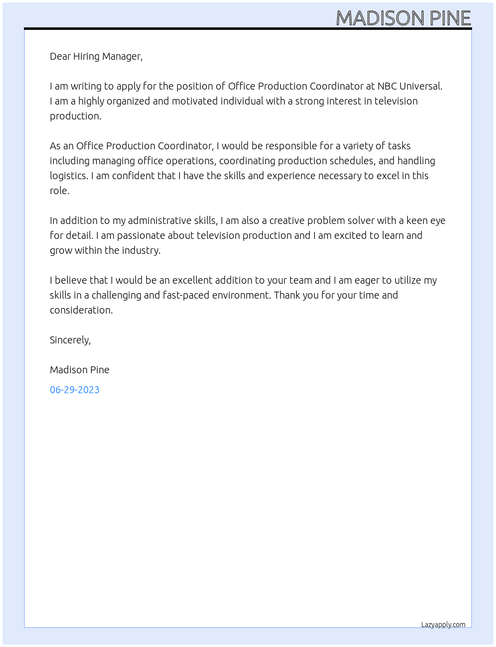 Office Production Coordinator At NBC Universal  Cover Letter