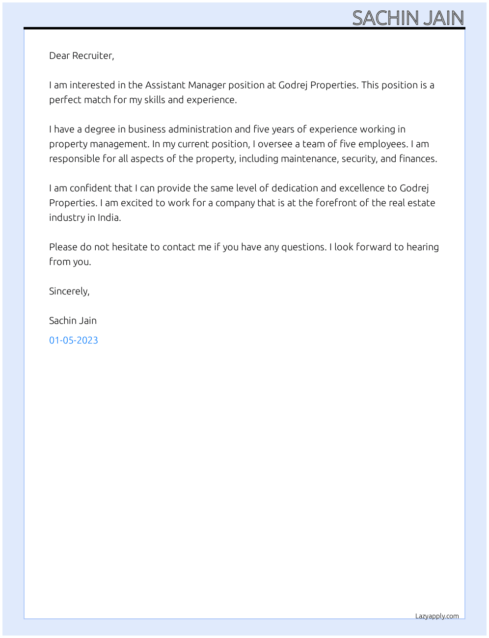 Assistant Manager At Godrej Properties Cover Letter