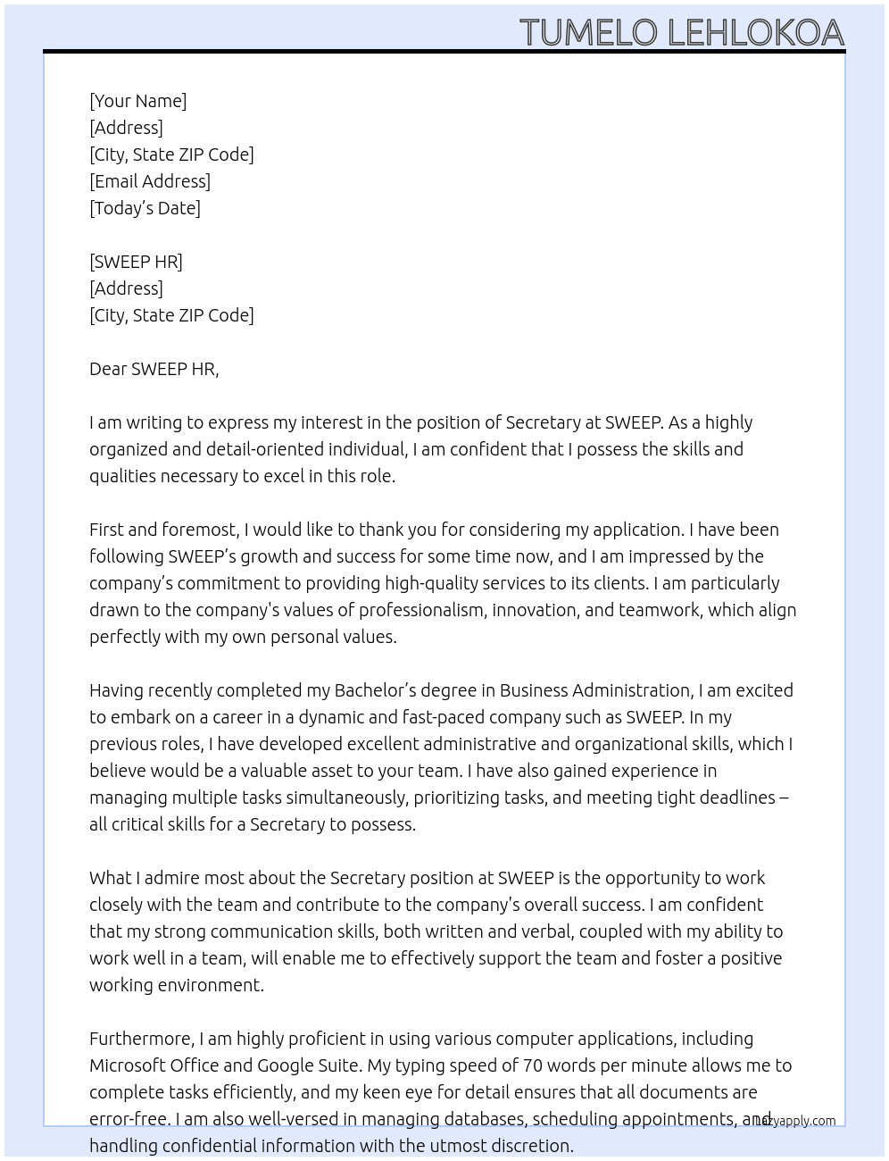 Secretary  At SWEEP Cover Letter