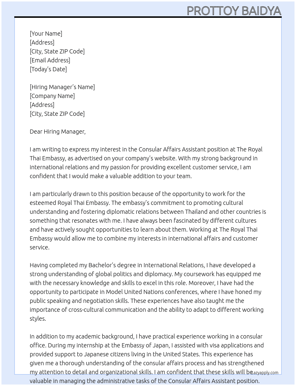 Consular Affairs Assistant  At The Royal Thai Embassy Cover Letter