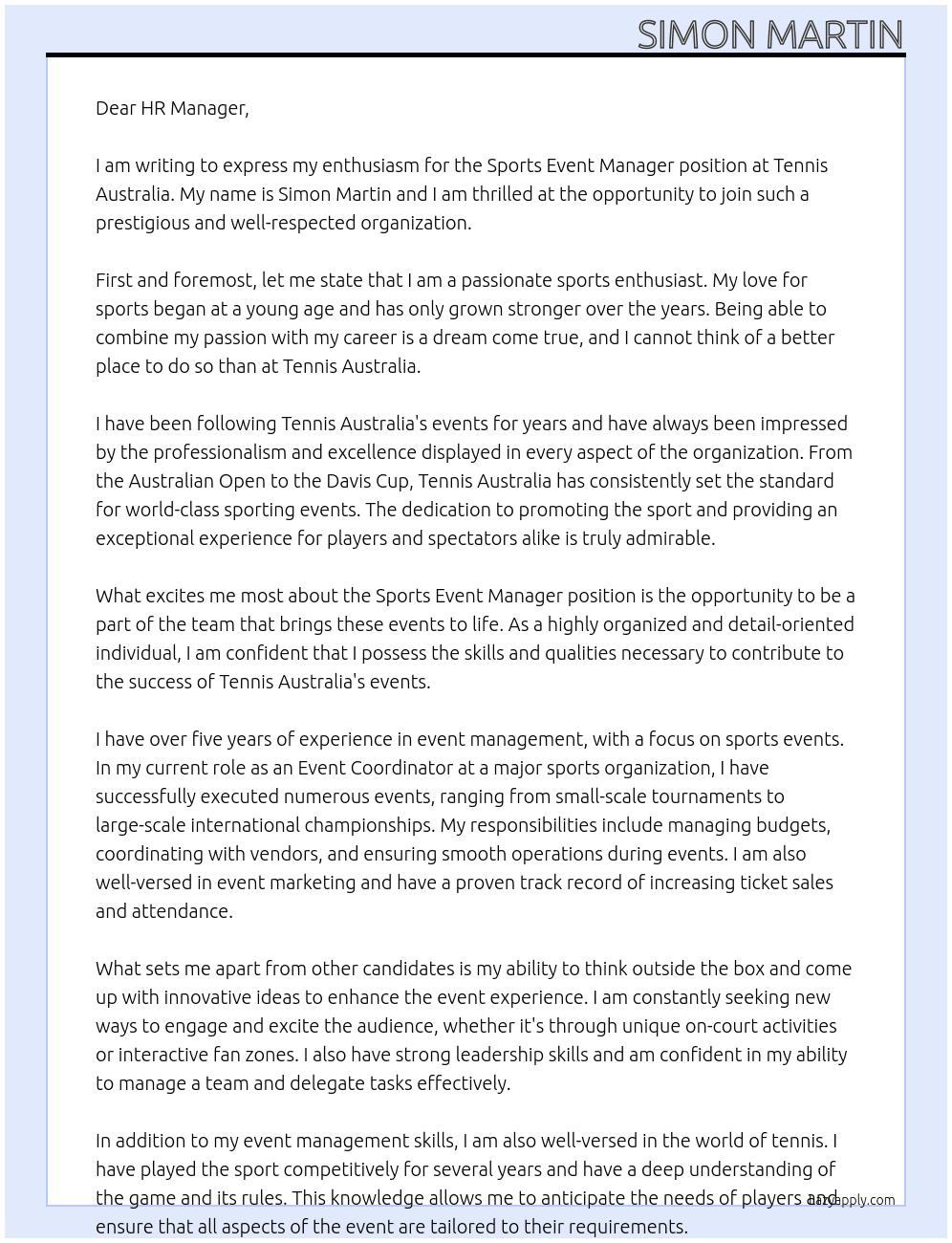 Sports Event Manager At Tennis Australia Cover Letter