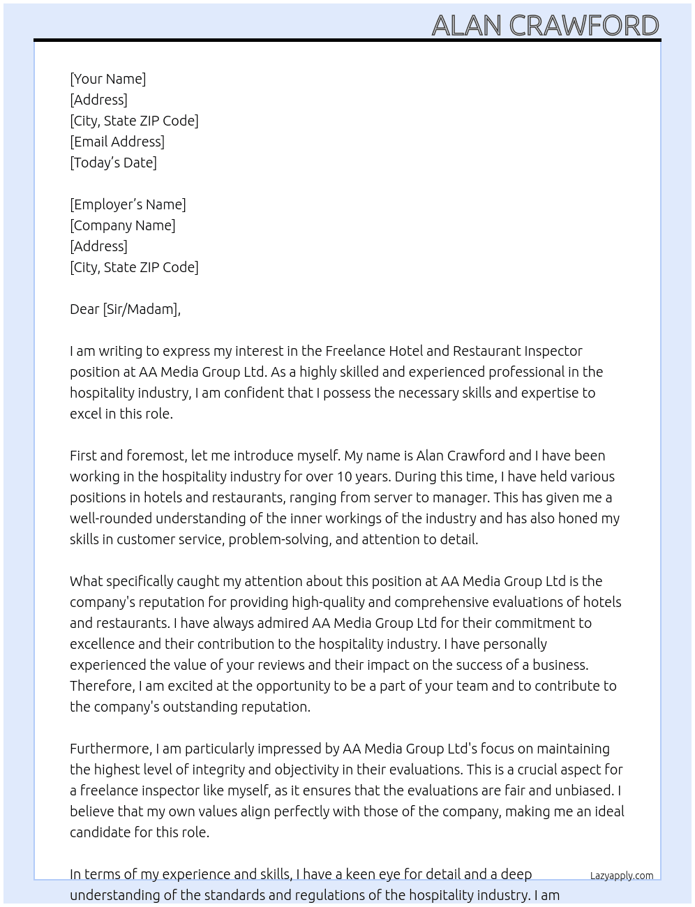 Freelance Hotel and restaurant inspector At AA Media Group Ltd Cover Letter