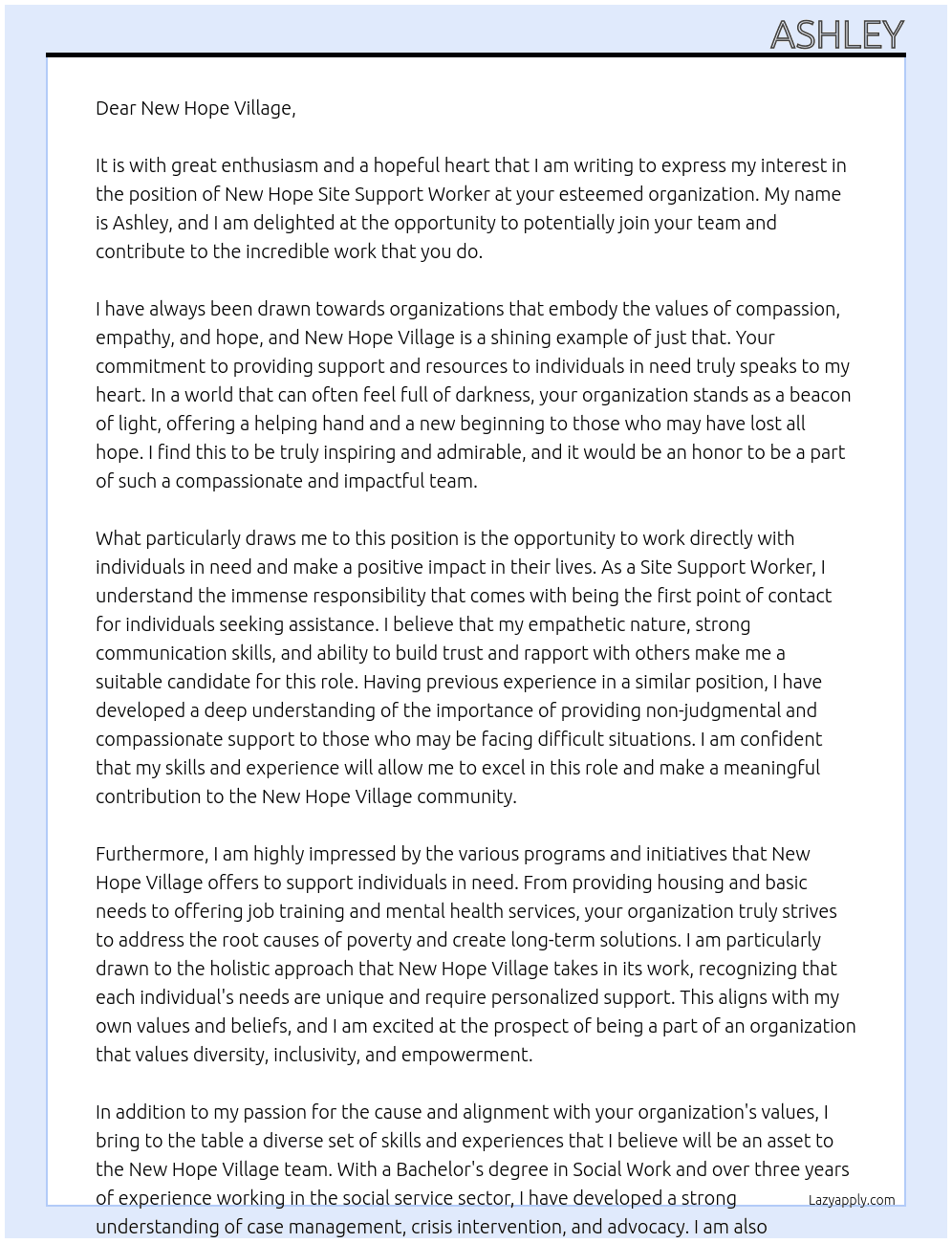 New hope site support worker At New hope village Cover Letter
