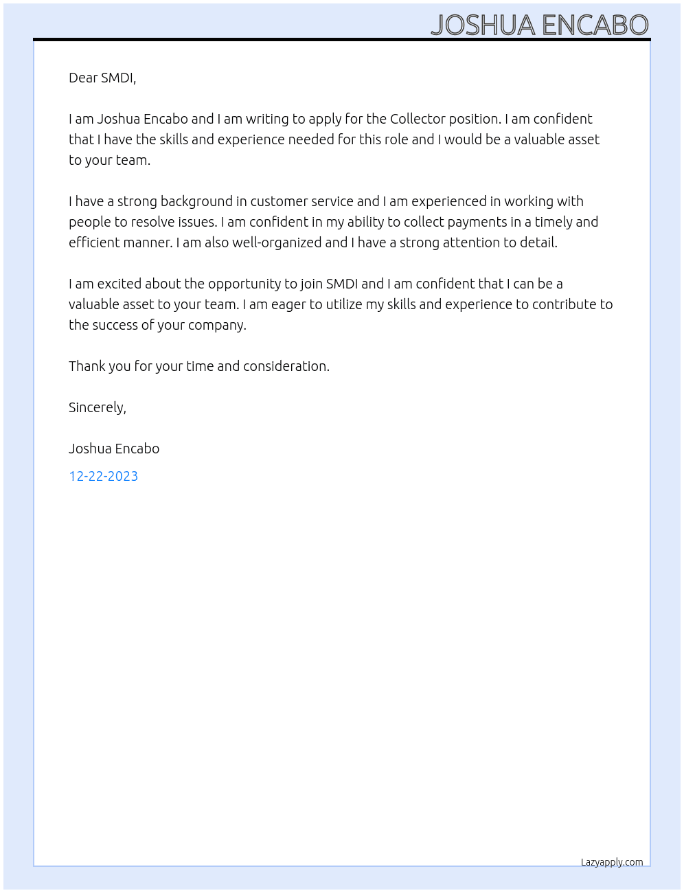 Collector At SMDI Cover Letter