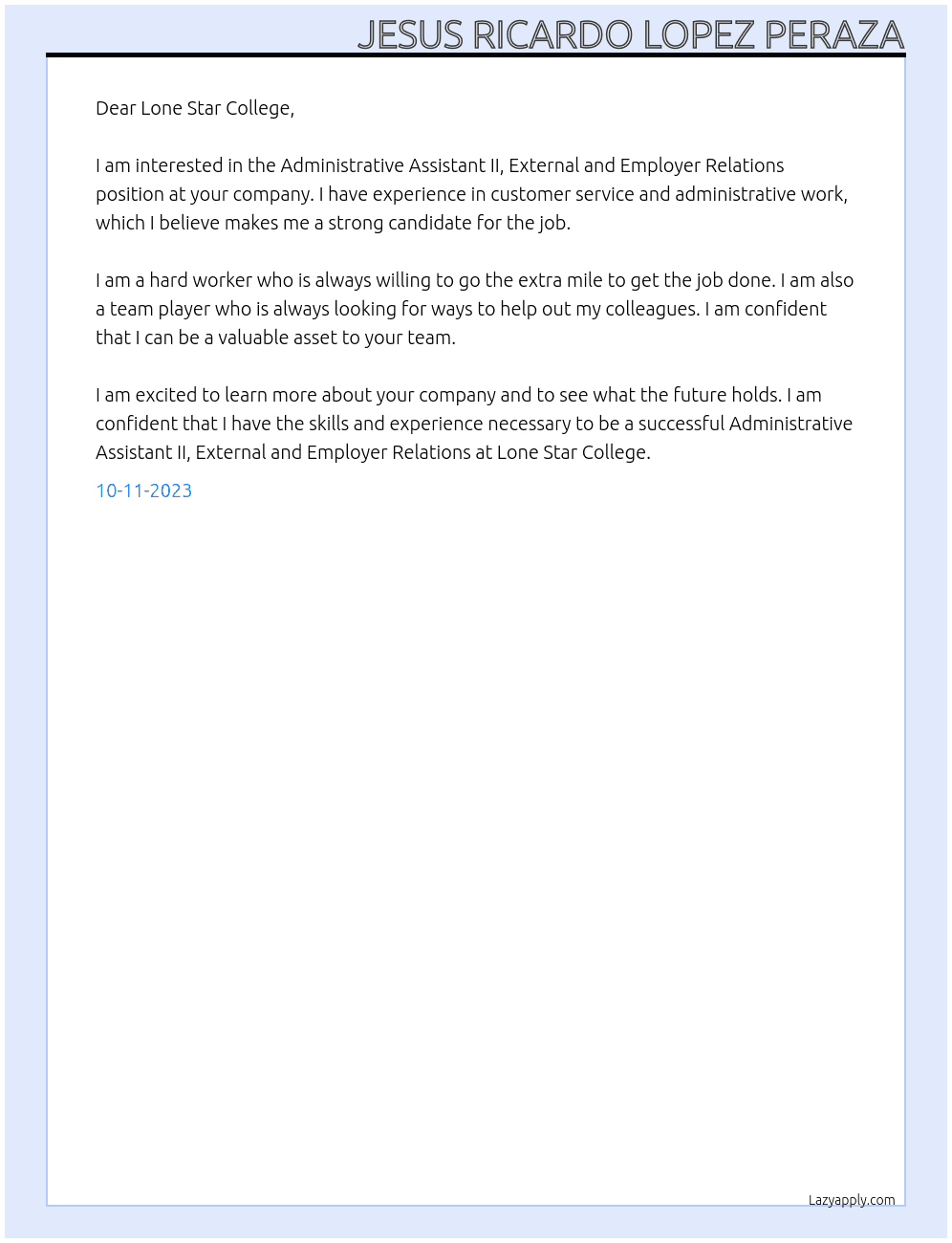 Administrative Assistant II, External and Employer Relations At Lone Star College Cover Letter