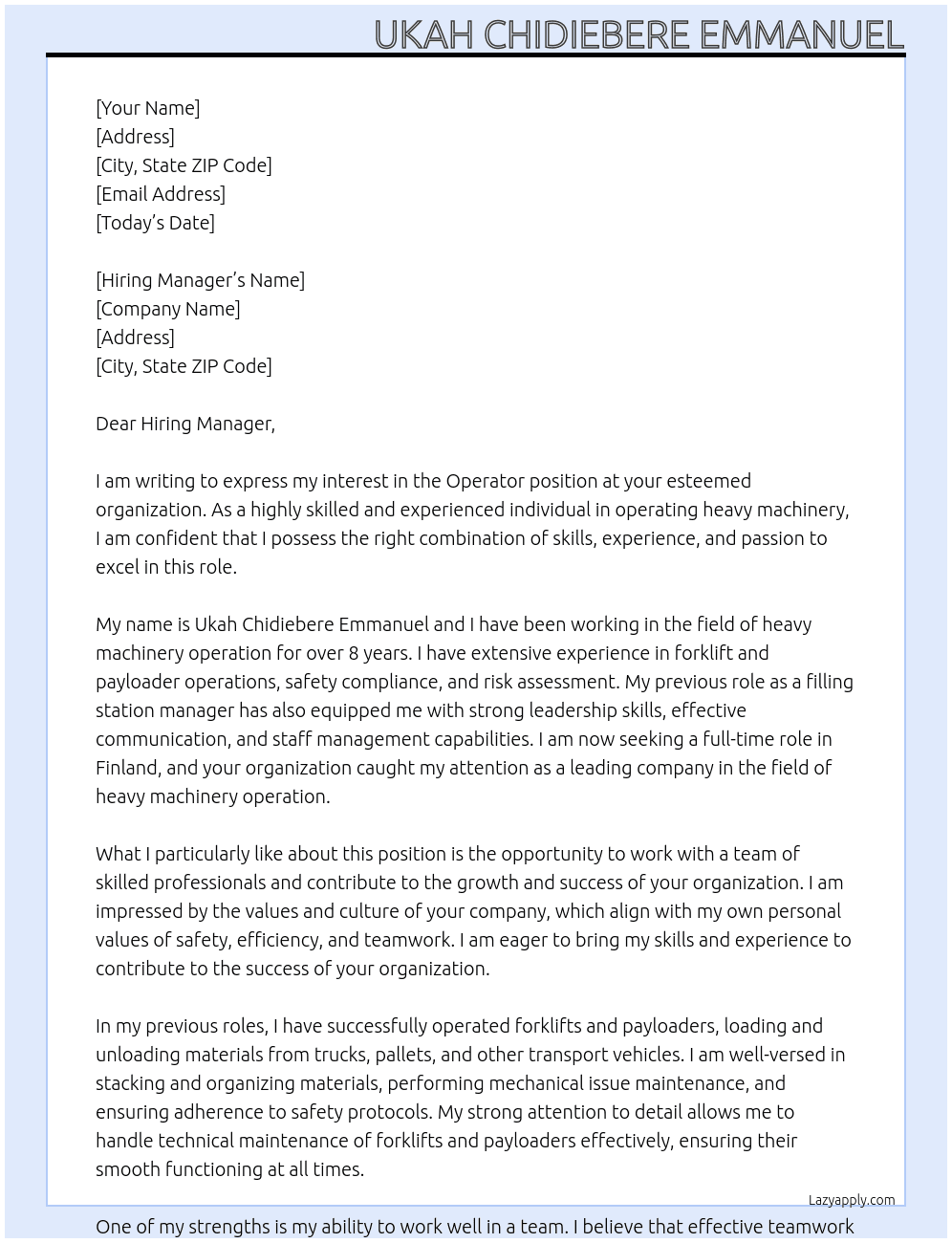 Operator At your organization Cover Letter