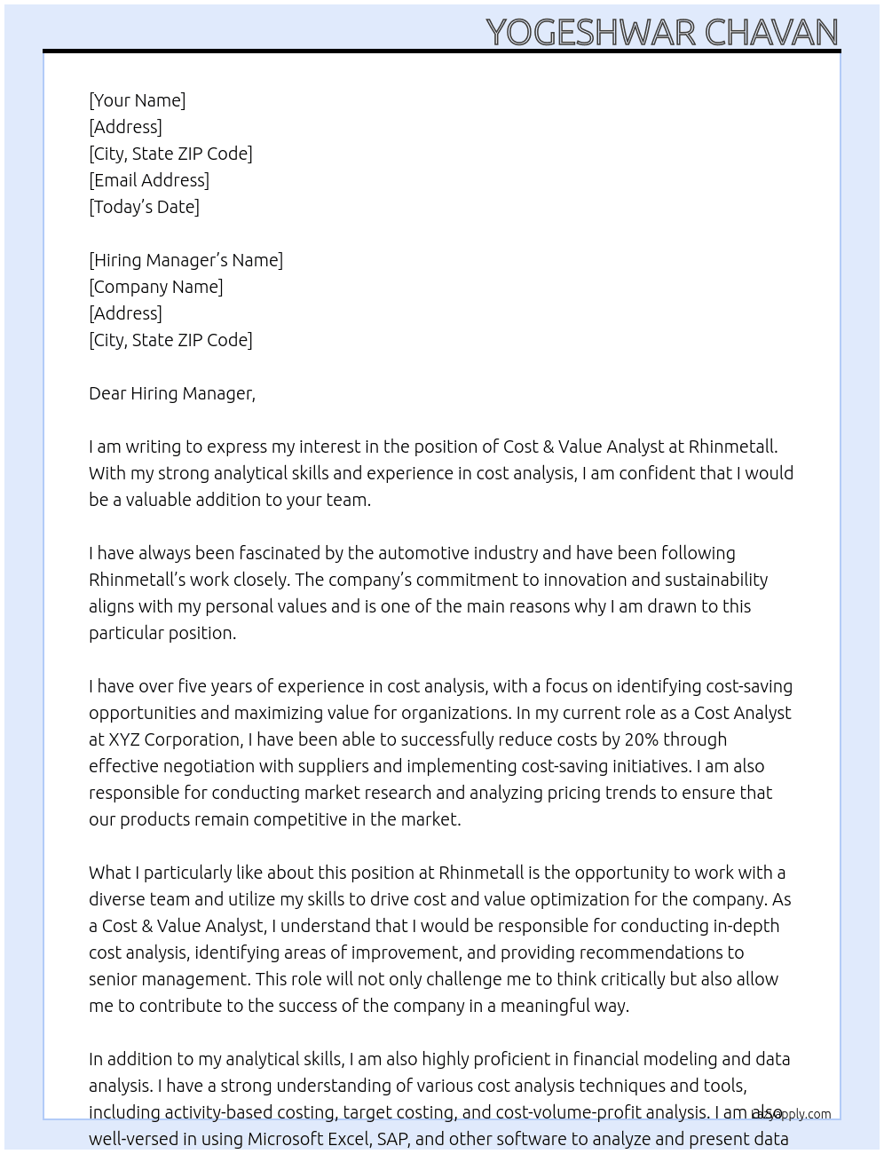 Cost & Value Analyst At Rhinmetall Cover Letter
