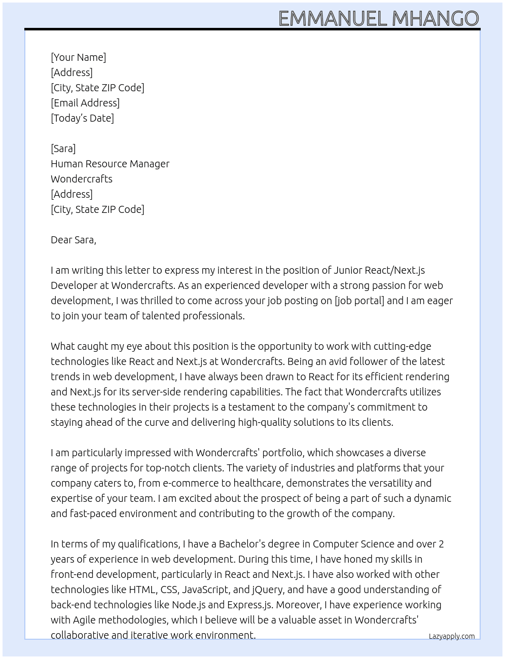 JUNIOR REACT/NEXT.JS DEVELOPER. At wondercrafts Cover Letter