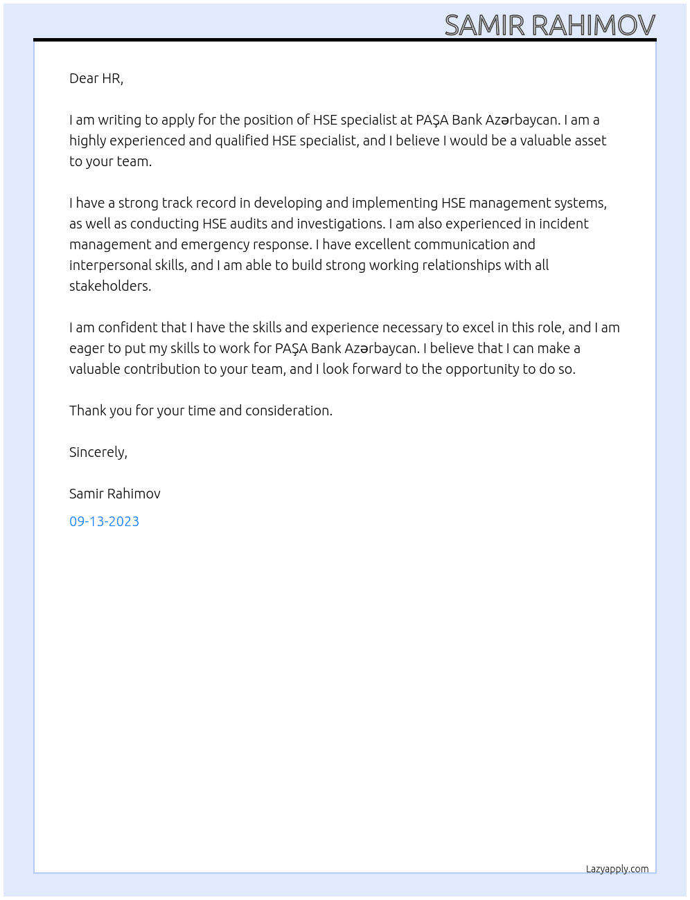 HSE specialist At PAŞA Bank Azərbaycan Cover Letter