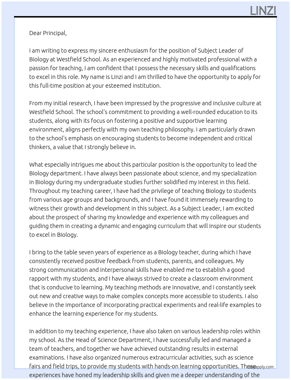 Subject leader of Biology At Westfield School Cover Letter