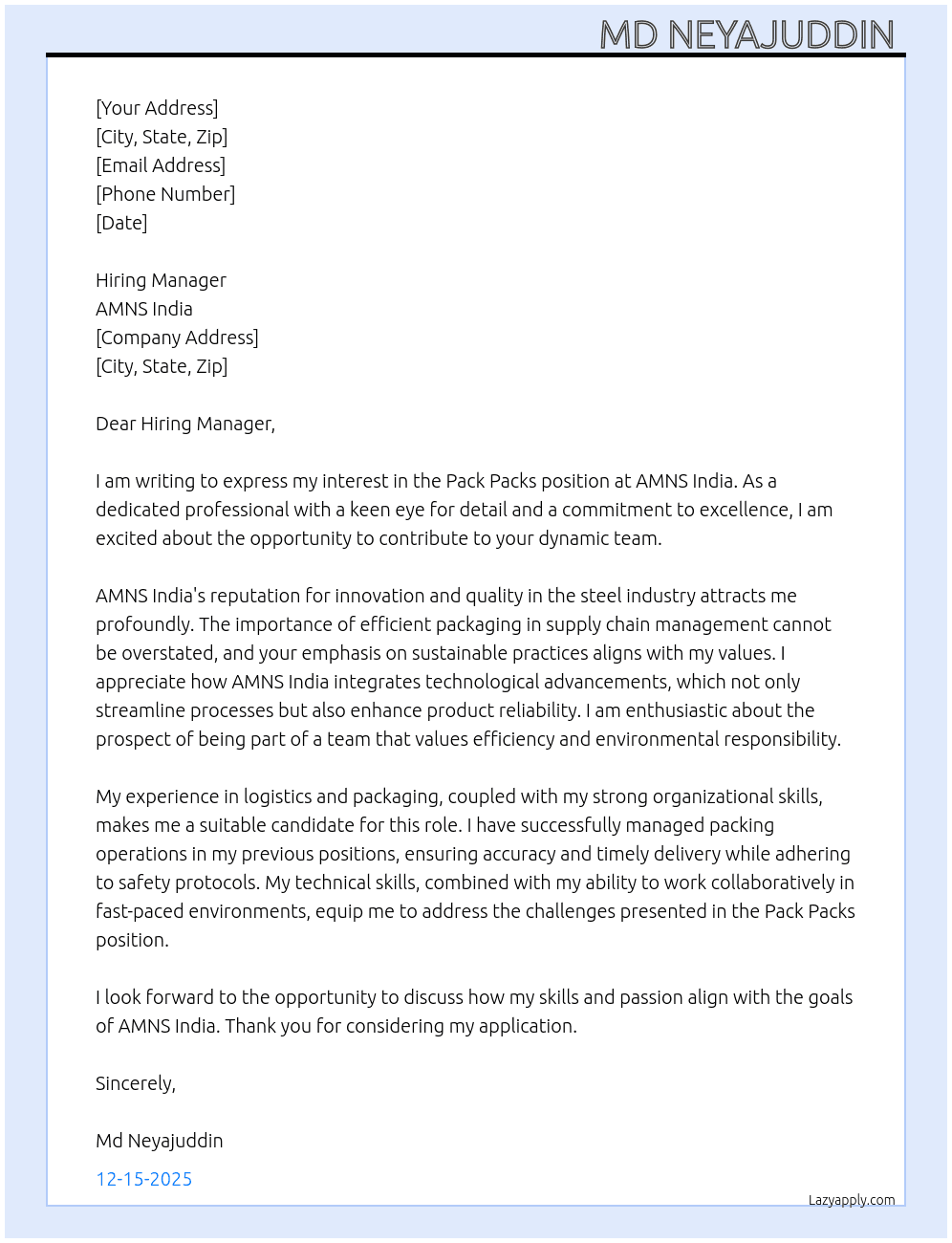 Cover letter for pack packs - LazyApply