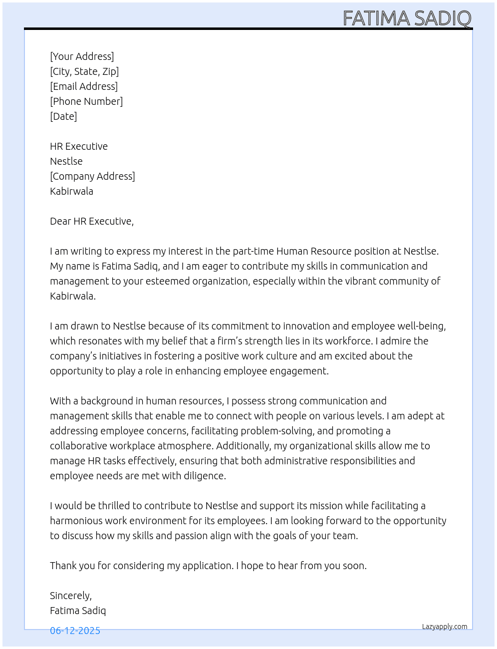 Human resource HR At Nestlse Cover Letter