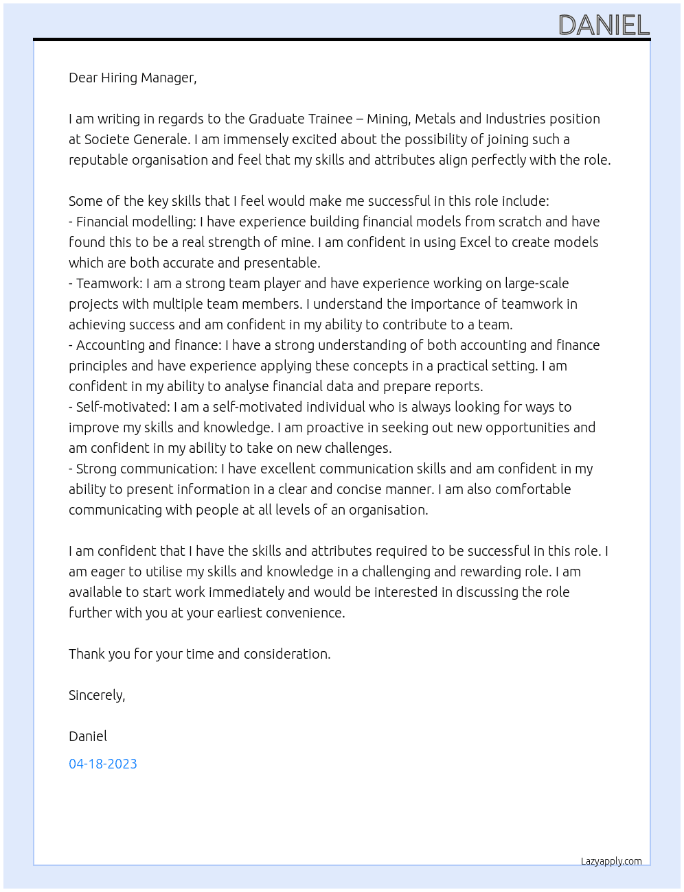 Graduate Trainee – Mining, Metals and Industries At Societe Generale Cover Letter