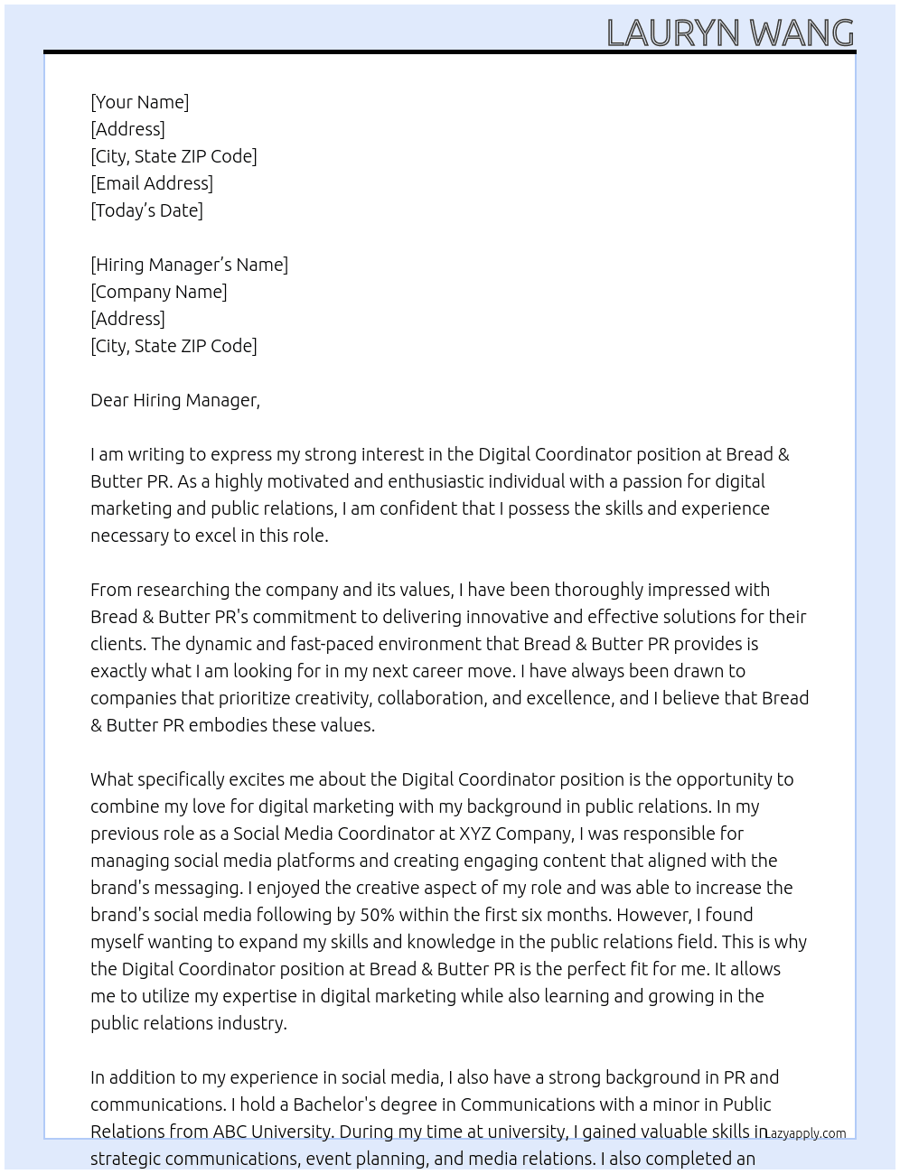 Digital Coordinator At Bread & Butter PR Cover Letter
