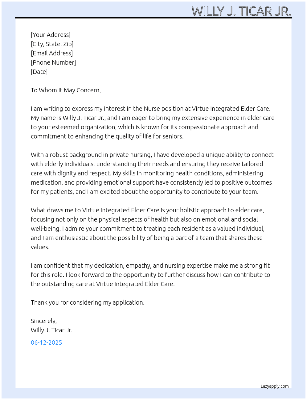 Nurse At Virtue Integrated Elder Care Cover Letter
