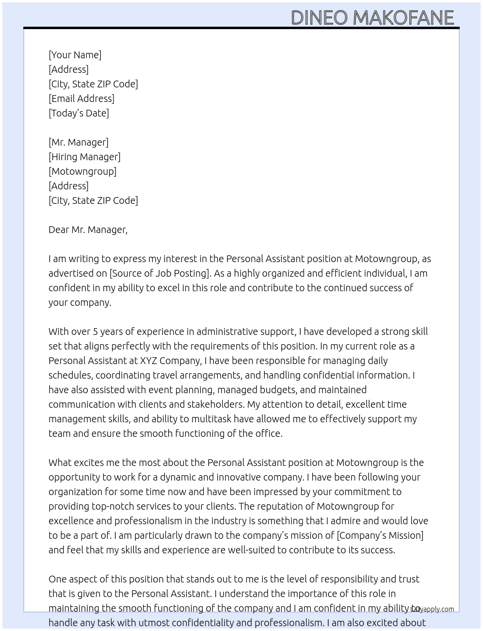 Personal assistant  At Motowngroup Cover Letter