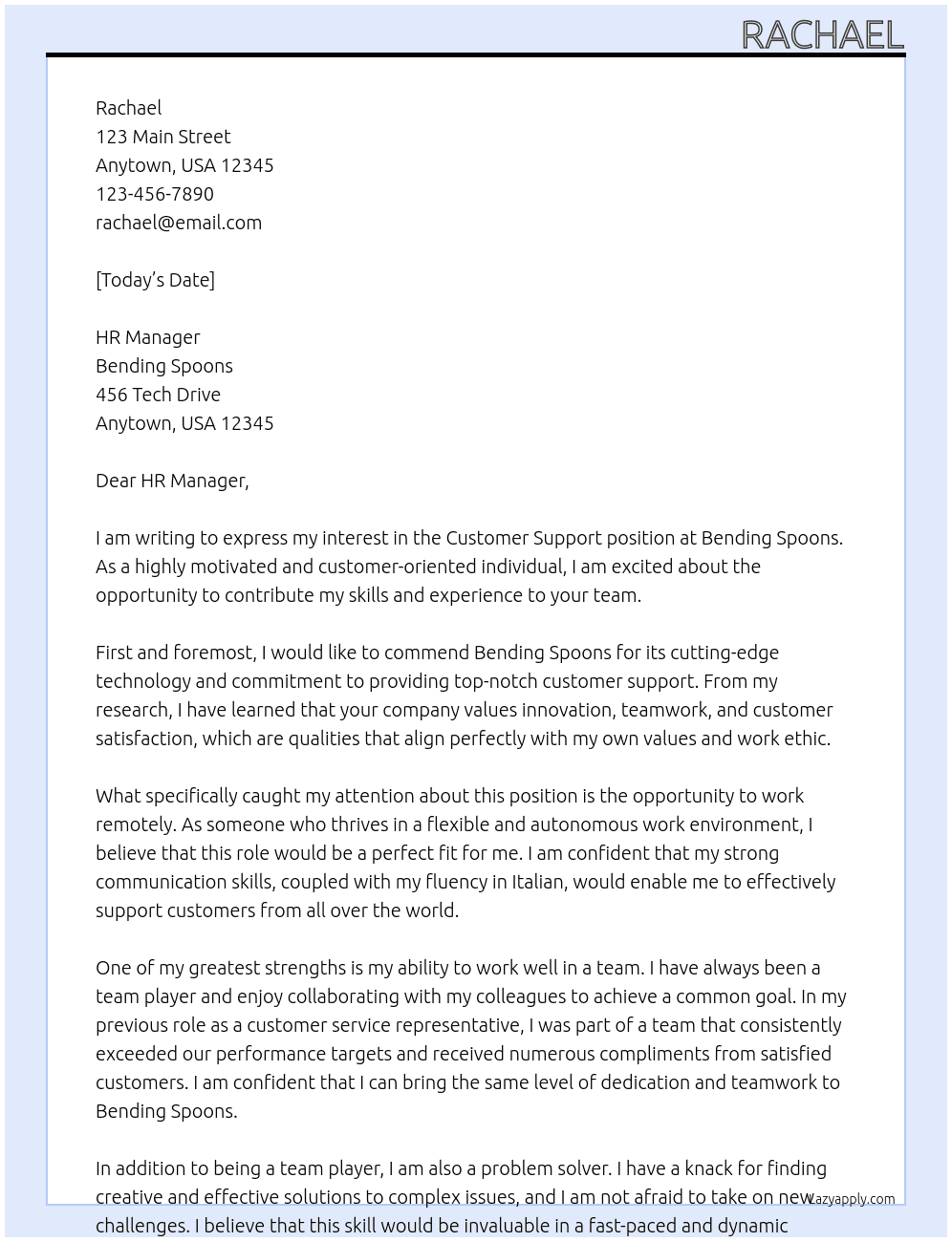 Customer support  At Bending spoons  Cover Letter