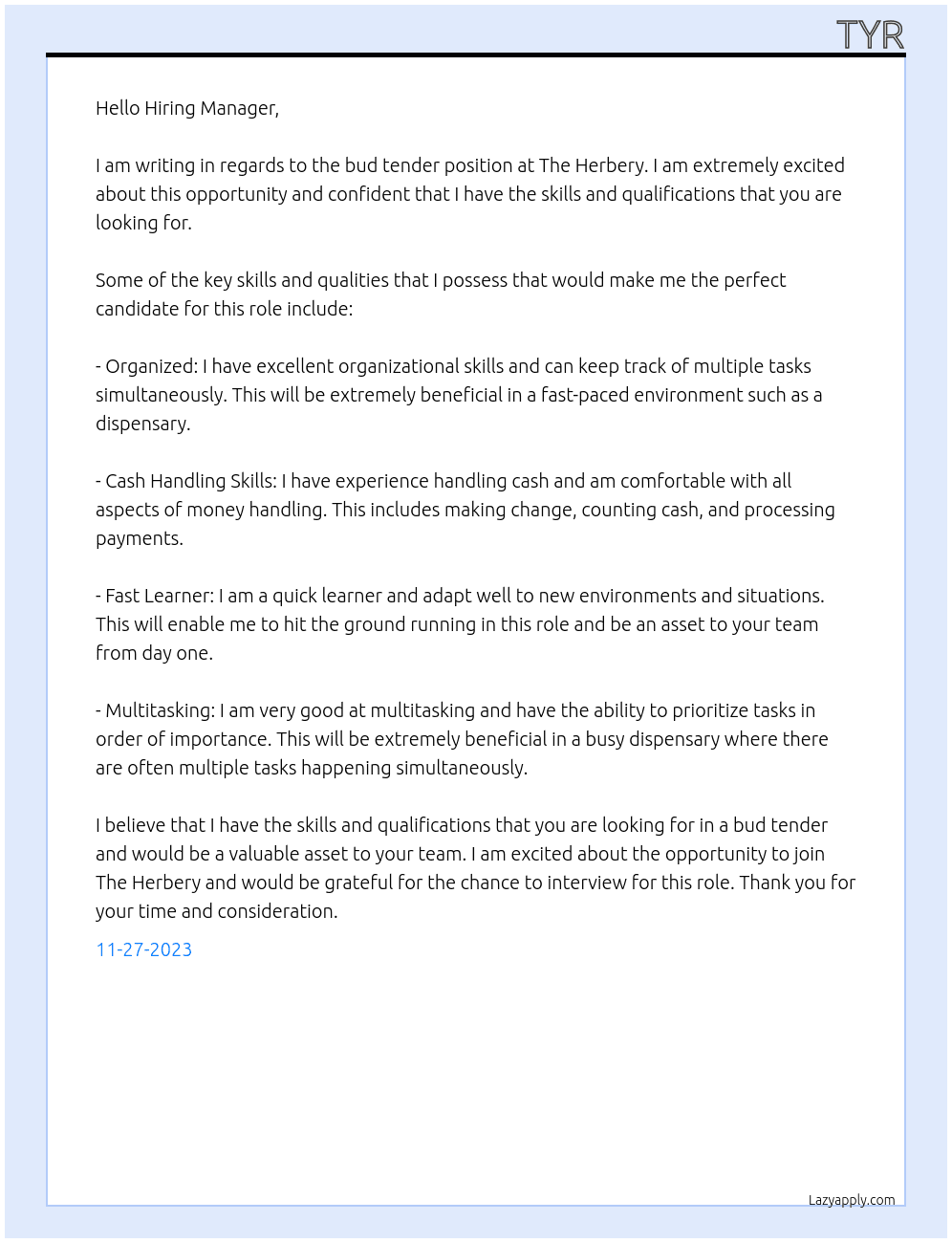 Bud tender At The Herbery Cover Letter
