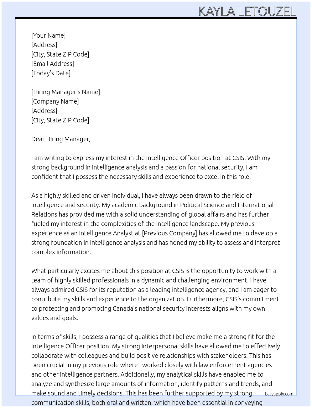 Intelligence Officer At CSIS Cover Letter