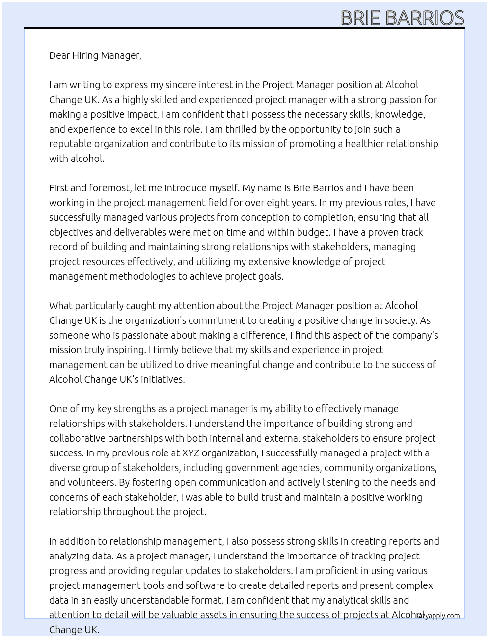 Project Manager At Alcohol Change UK Cover Letter