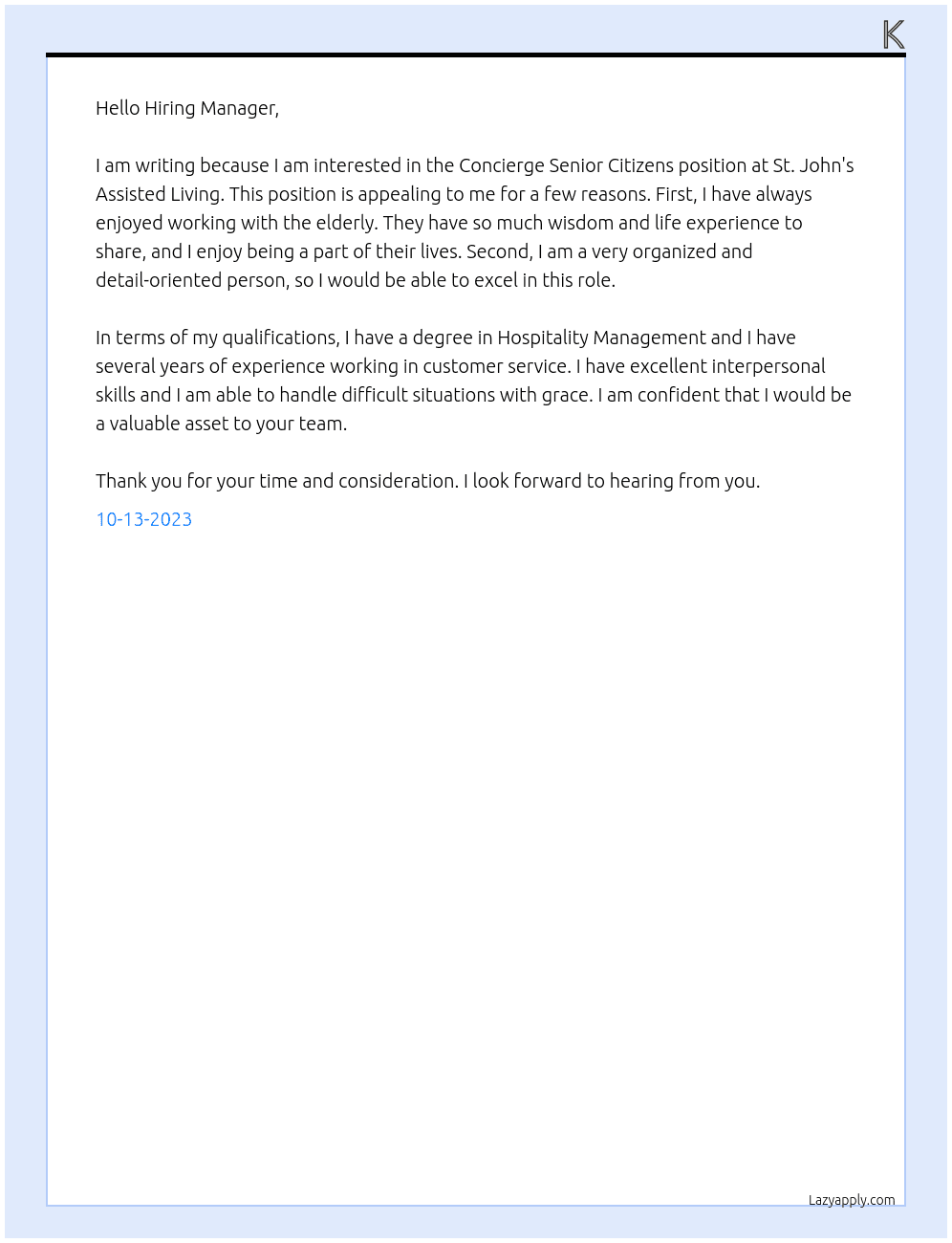 Concierge Senior Citizens At St. John's Assisted Living Cover Letter