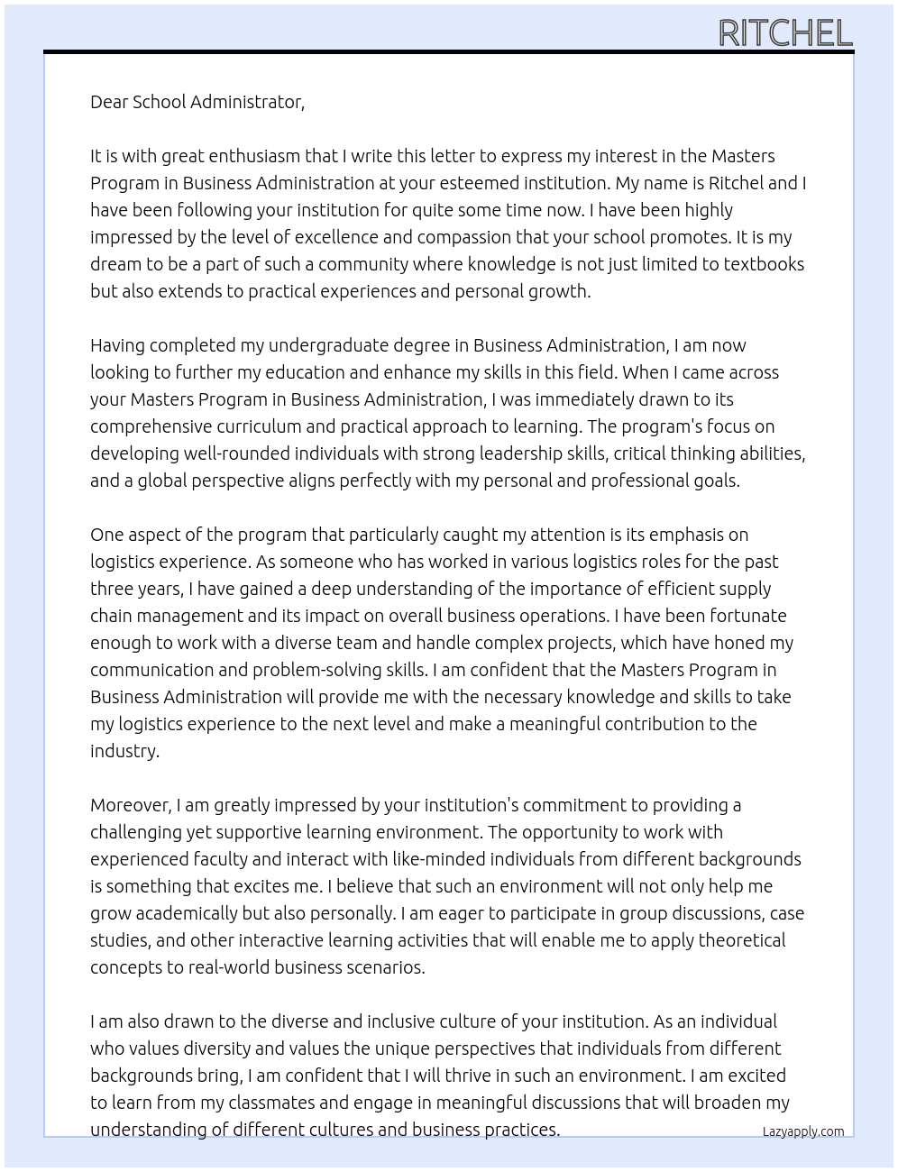 Masters Program in Business Administration At Masters Program in Business Administration Cover Letter