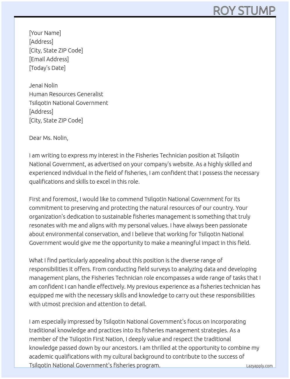 Fisheries Technician At Tsilqotin National Government Cover Letter