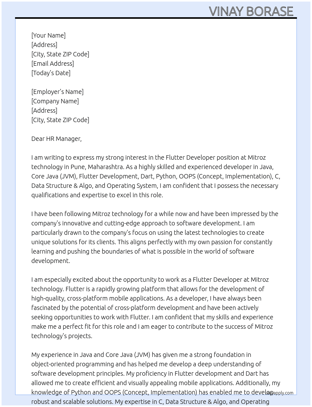 Flutter developer  At Mitroz technology  Cover Letter