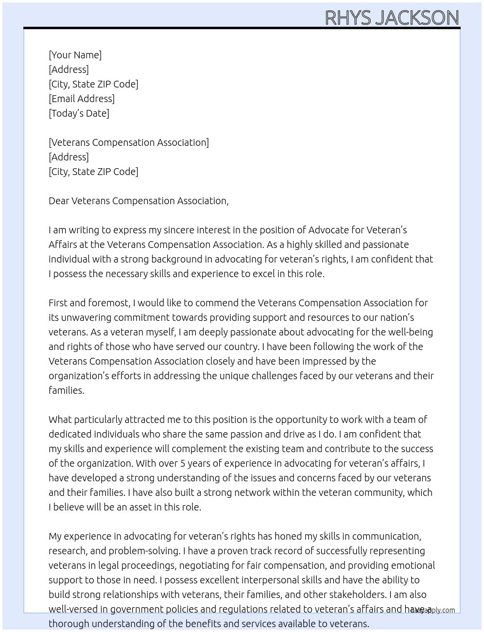 Advocate for Veteran's Affairs At Veterans Compensation Association Cover Letter
